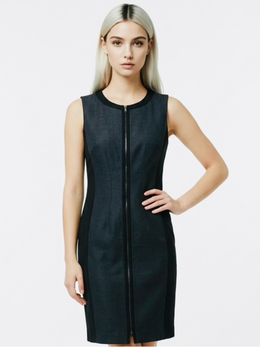 Tahari Black Sleeveless Zip-Front Sheath Dress